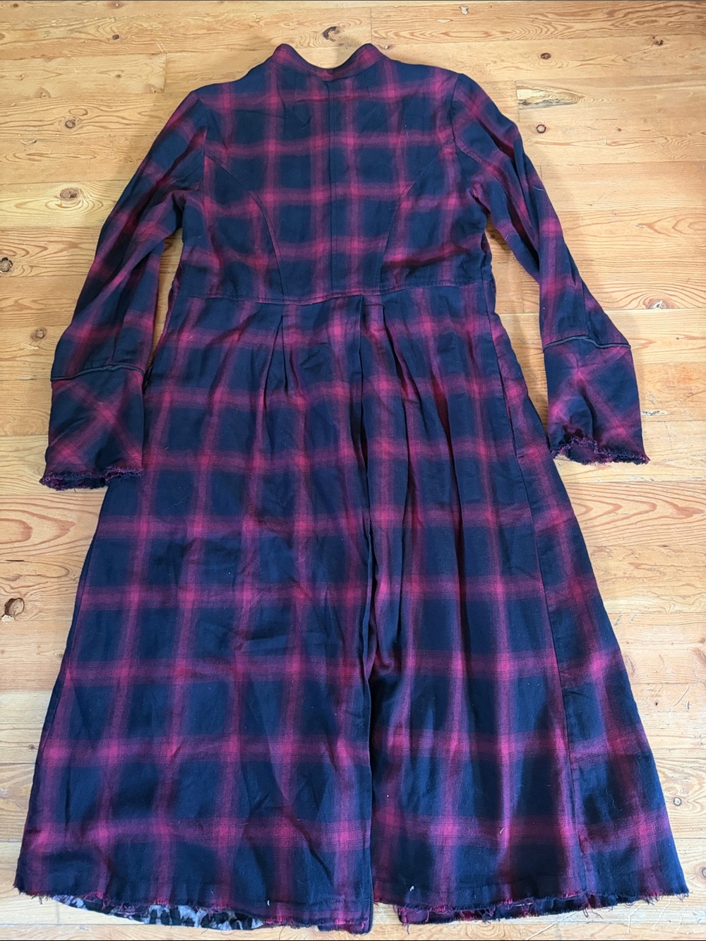 Free People Black and Red Plaid Maxi Coat Dress with Leopard Trim - Picture 5 of 7